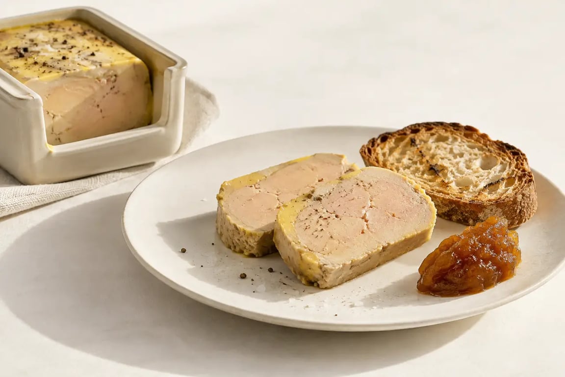 Foie gras en terrine au bain-marie tranché et servi avec du pain grillé