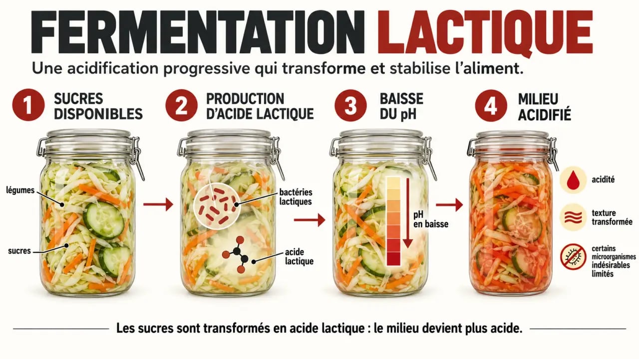 Schéma du fonctionnement des bacteries lactiques et de la fermentation avec baisse du pH