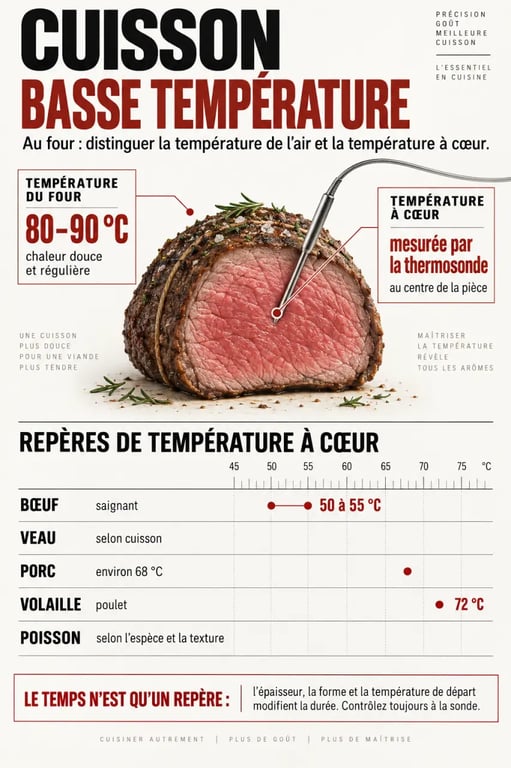 Infographie sur la cuisson basse température au four et les températures à cœur