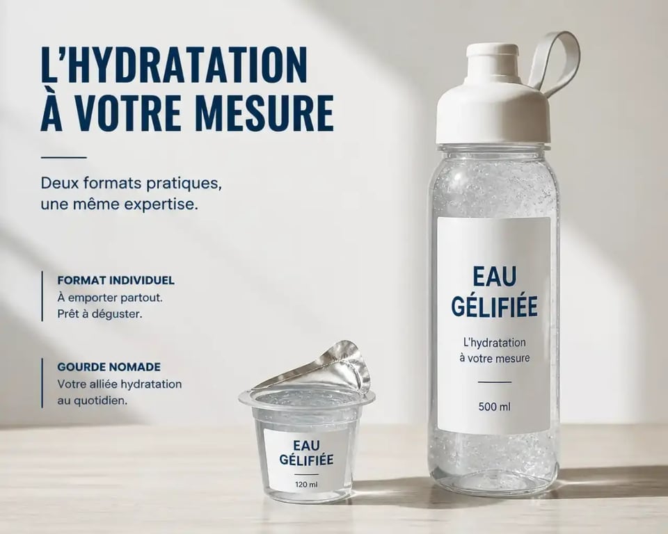 Formats d'eau gélifiée en pot individuel et en gourde nomade