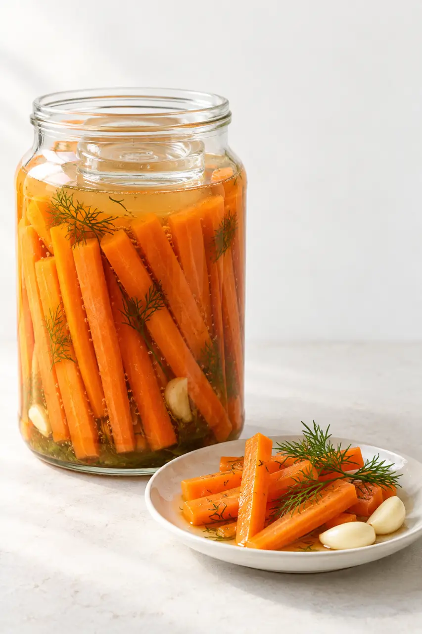 Carottes fermentées maison en bocal avec saumure et aromates