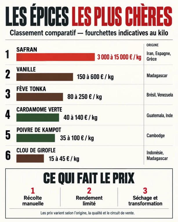 Classement des épices les plus cher avec le safran, la vanille et la cardamome