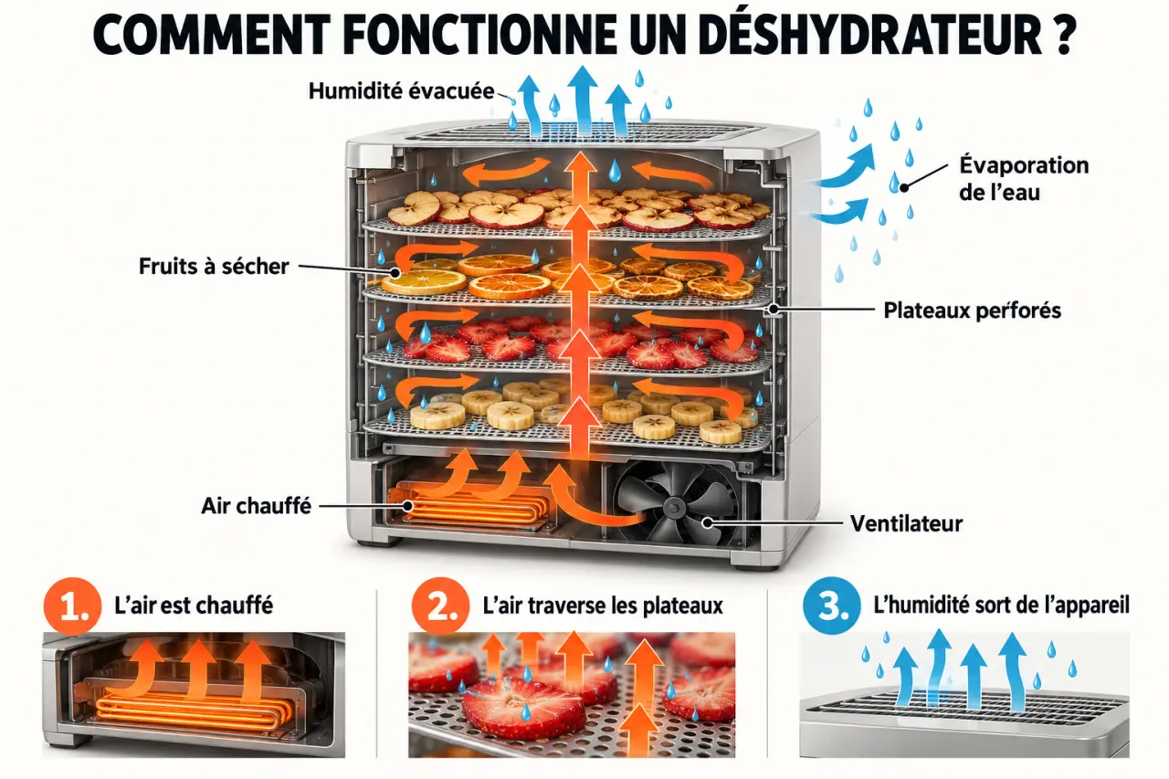 Schéma du fonctionnement d’un déshydrateur alimentaire avec circulation d’air chaud et évacuation de l’humidité