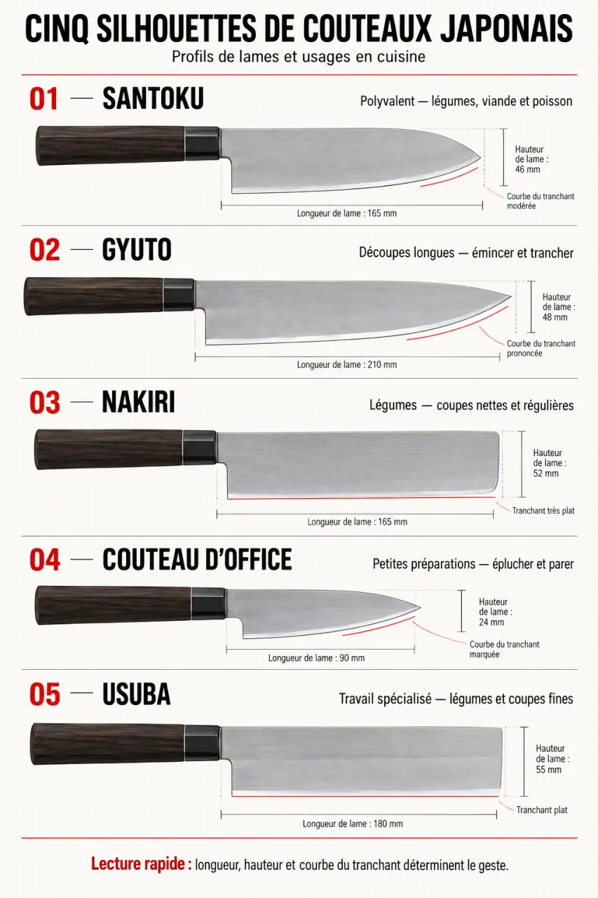 Le monde du couteau japonais coutellerie : comparaison visuelle des formes Santoku, Gyuto, Nakiri, office et Usuba