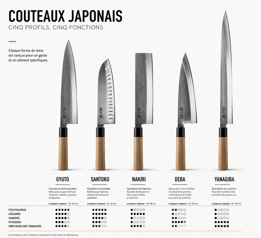 Comparatif des formes de couteau chef japonais gyuto santoku nakiri deba yanagiba