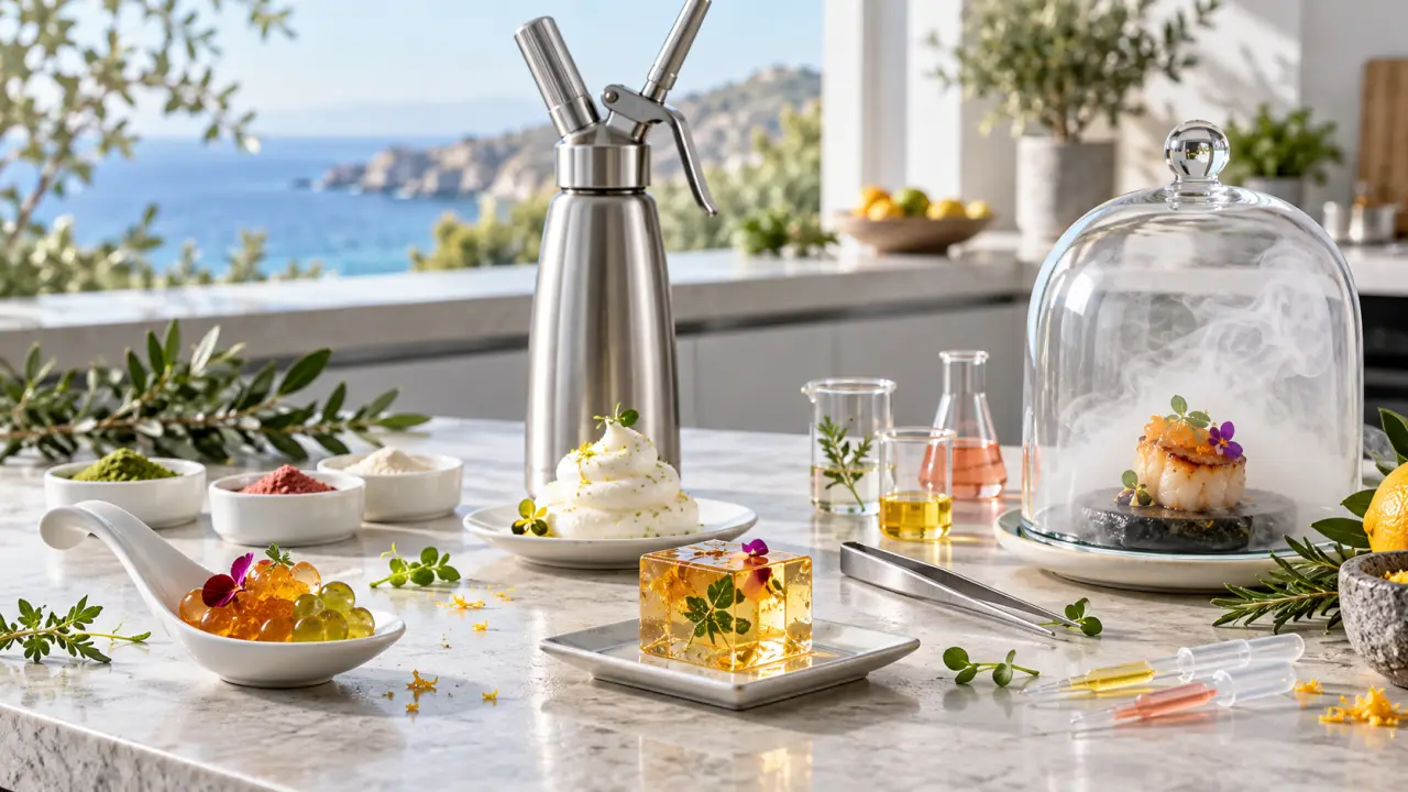 Assiette de cuisine moléculaire avec une perle translucide sur une cuillère en acier