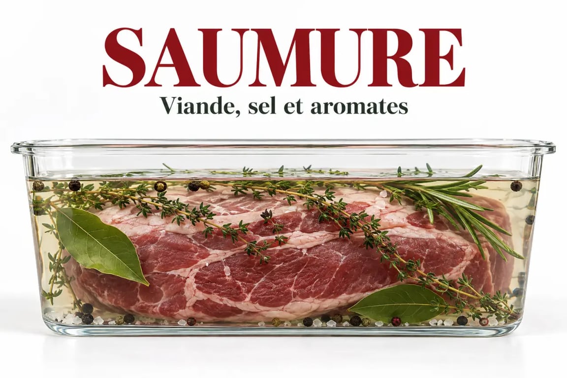 Viande en cours de saumurage dans un récipient au réfrigérateur