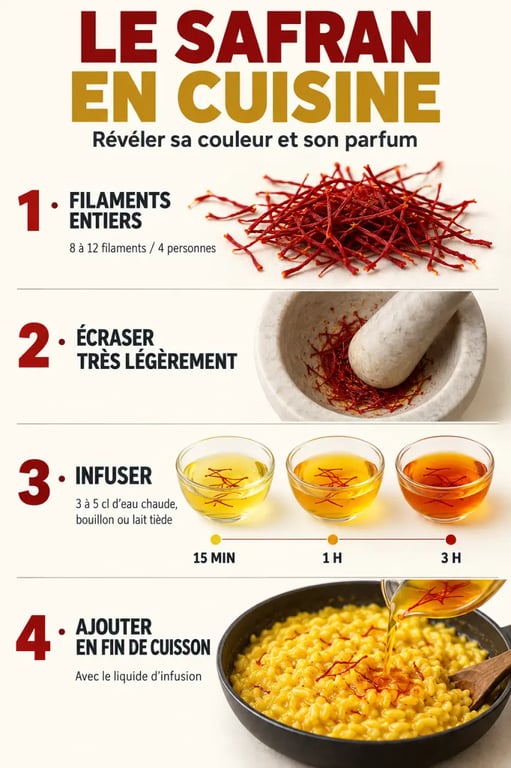 Safran cuisine : dosage, infusion des filaments et moment d'ajout dans un plat