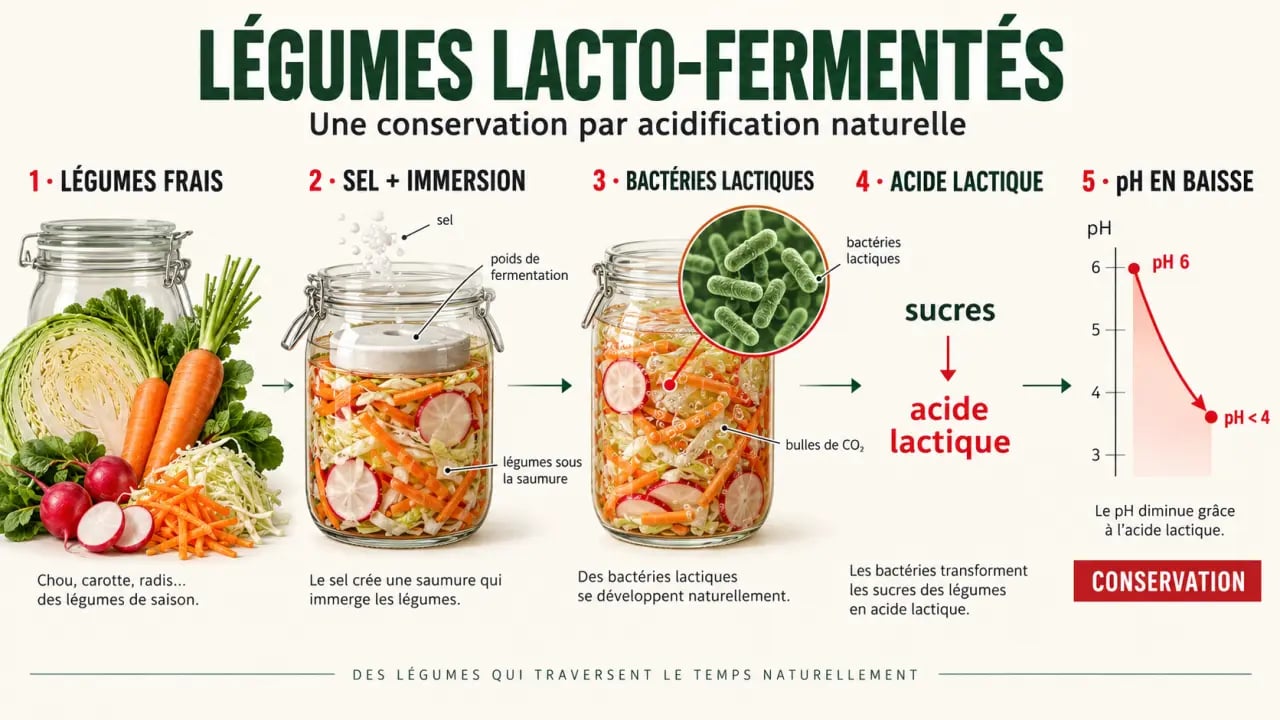 Infographie sur le légume lacto-fermenté et le processus de fermentation lactique