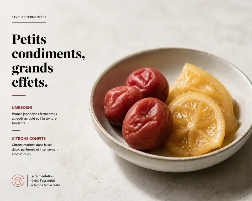 Fruits fermentés type umeboshi et citron confit servis en condiment dans une coupelle
