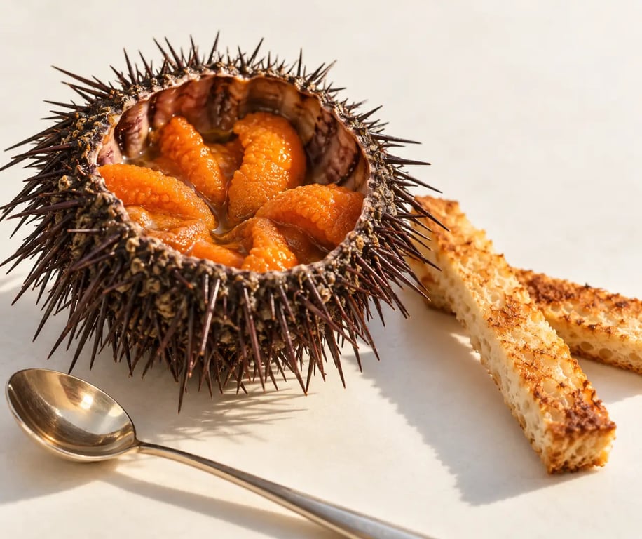 Cuisine oursin servi dans sa coque avec le corail visible et des mouillettes grillées