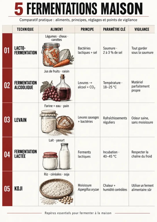 Guide des techniques de fermentation maison : comparaison de la lacto-fermentation, du levain, du kéfir, des boissons fermentées et du koji