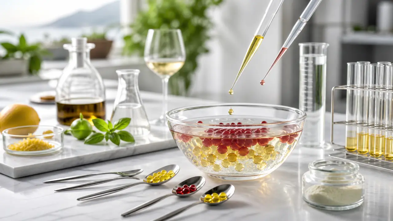 Perle de sphérification translucide posée sur une cuillère en acier brossé dans une ambiance de cuisine moléculaire