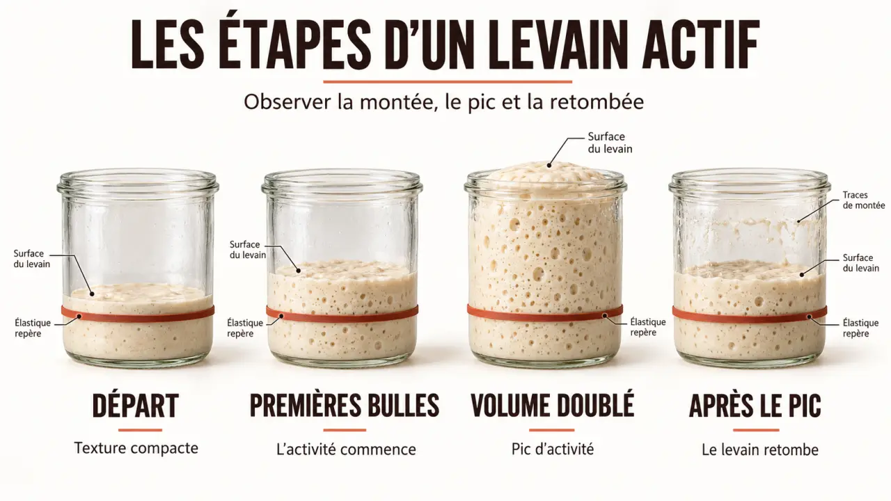 Les étapes d’un levain actif, du rafraîchi au pic puis à la retombée