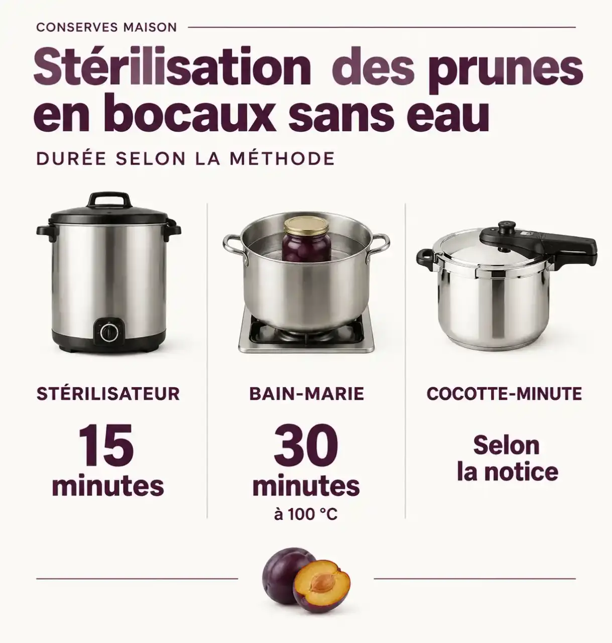 Durées de stérilisation des prunes en bocaux sans eau selon la méthode : stérilisateur, bain-marie et cocotte-minute