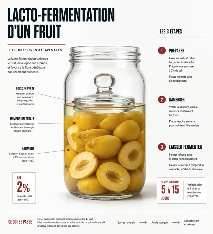 Infographie du procédé de fruits fermentés en bocal avec saumure et poids en verre