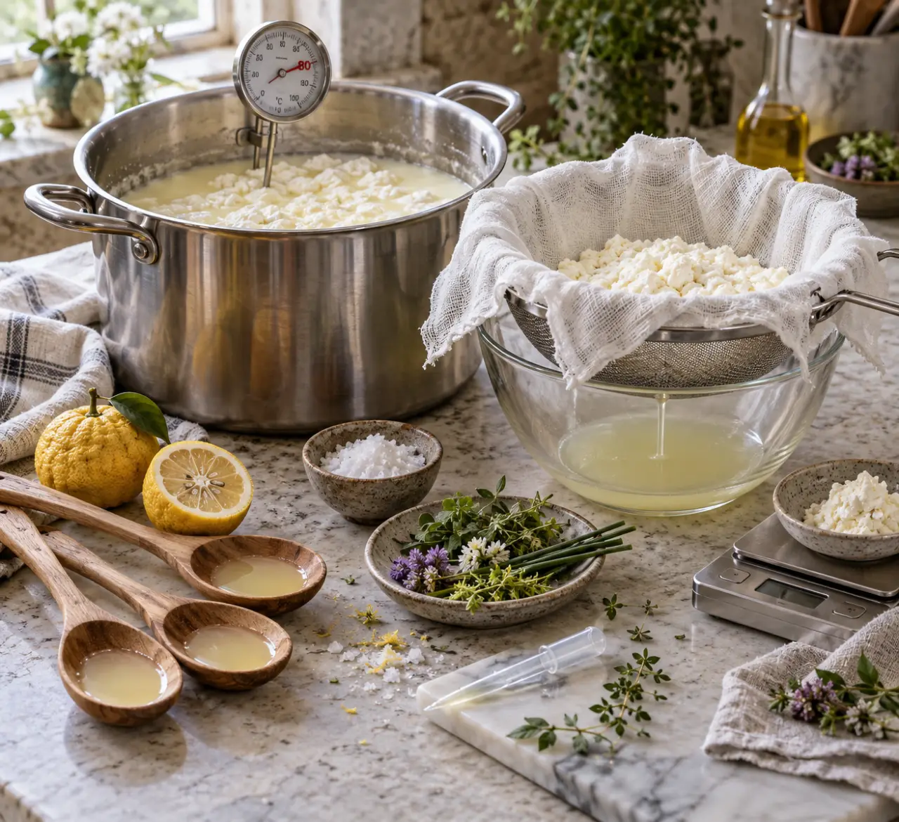 Fromage frais maison au lait entier : 80 °C, 3 cuillères de citron et un égouttage maîtrisé