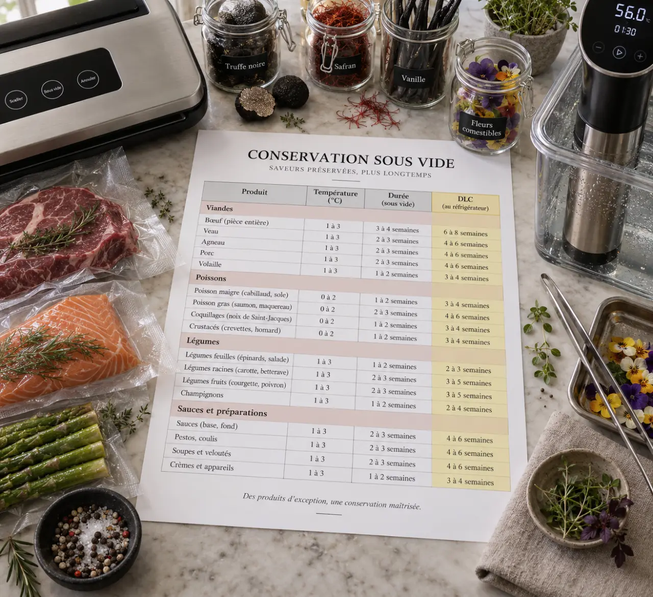 Conservation sous vide : le tableau PDF des durées, avec la DLC en repère