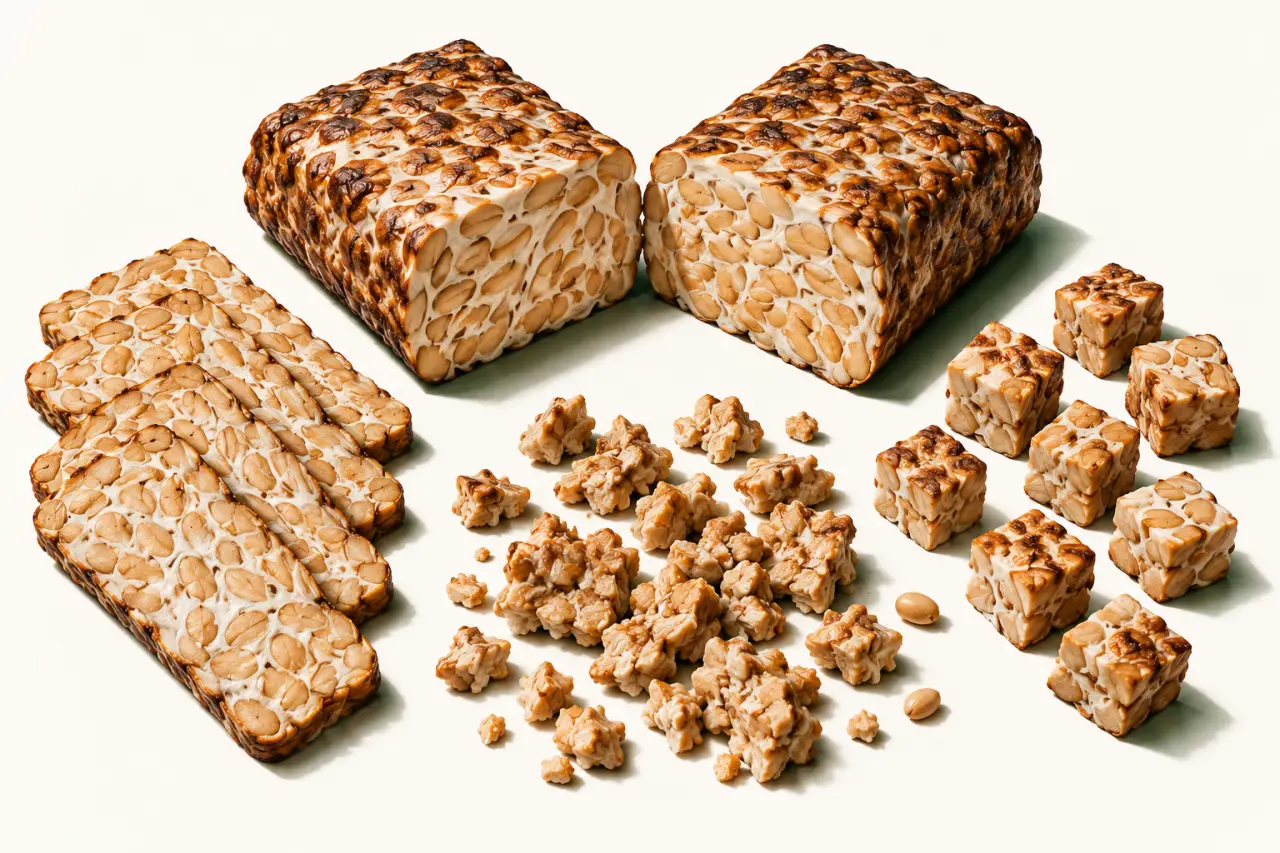 Temph ou tempeh de soja en bloc, tranches et cubes avec graines visibles