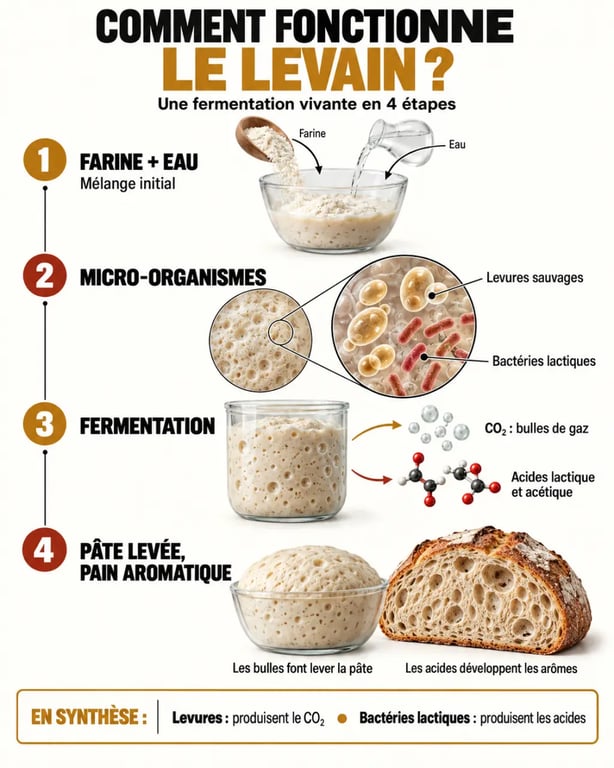 Qu'est-ce que le levain : schéma de la fermentation entre farine, eau, levures et bactéries lactiques