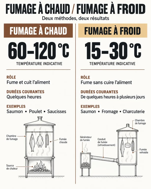 Infographie comparative sur le fumage à chaud et le fumage à froid