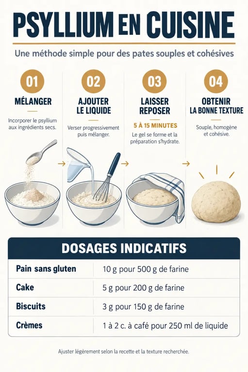 Infographie sur l'utilisation du psyllium en cuisine, avec étapes d'hydratation et dosages par préparation