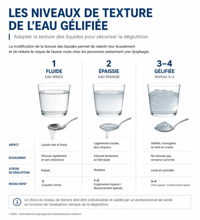 Comparaison des textures d'eau gélifiée selon le niveau de dysphagie