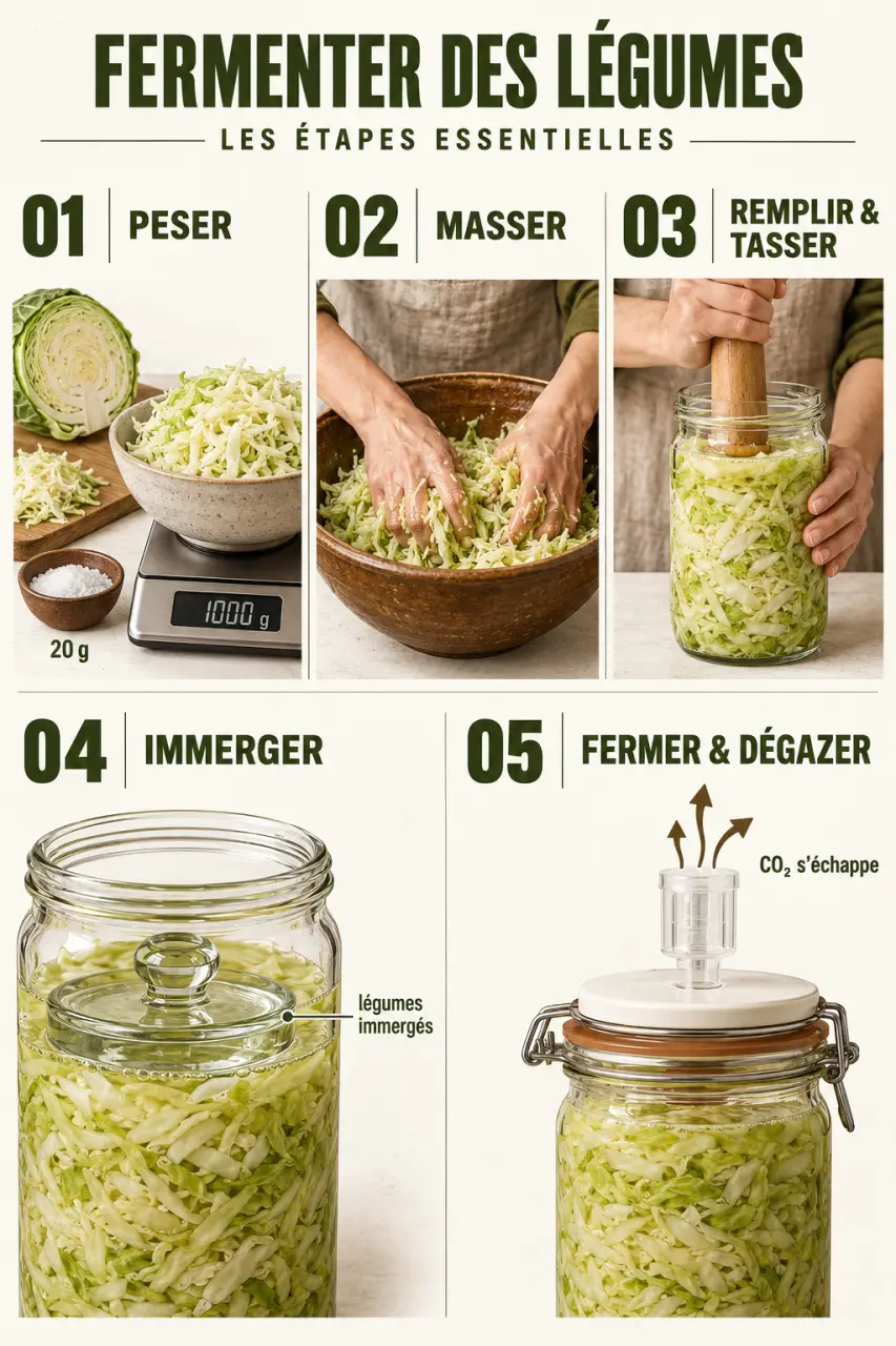 Guide complet pour débuter la fermentation des légumes en bocaux, de la pesée du chou à l'immersion sous le jus