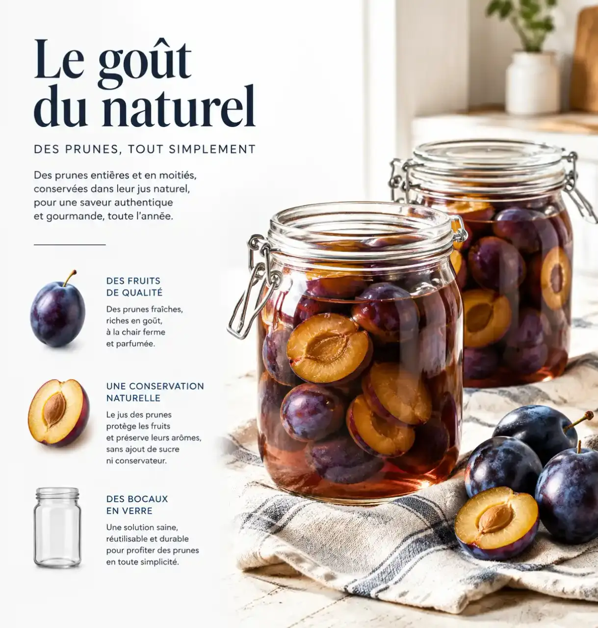 Prunes en bocaux sans eau, conserve au naturel dans leur propre jus, sur un torchon en lin