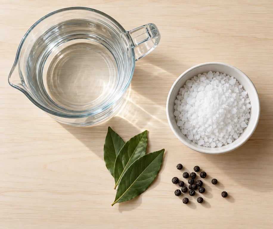Ingrédients pour préparer une saumure maison avec sel et aromates