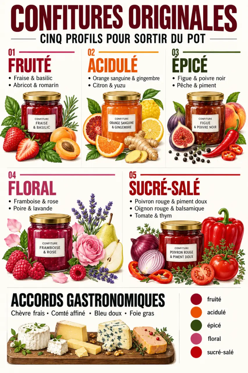 Infographie des familles de confitures originales et de leurs accords gourmands