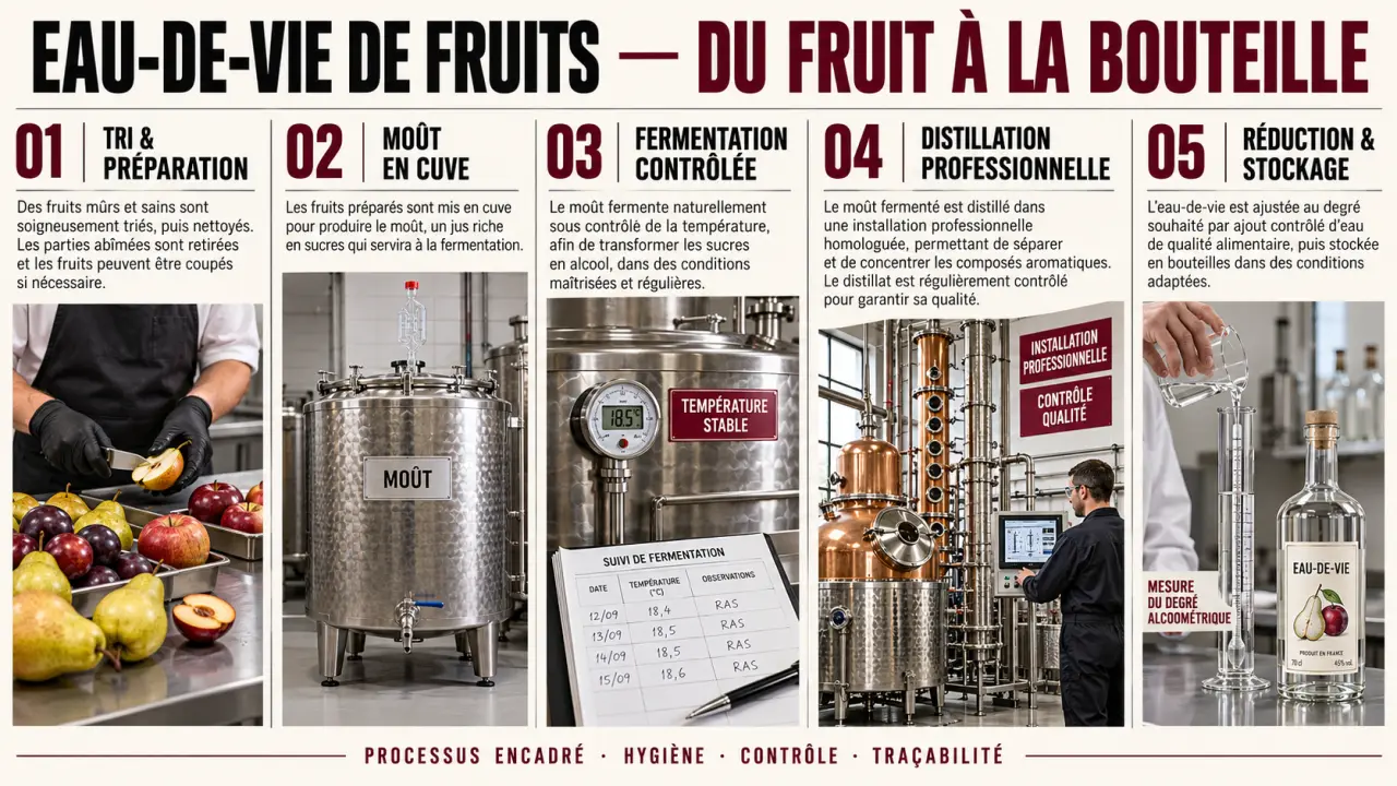 Illustration pour comprendre comment faire eau de vie de fruits, de la préparation des fruits au stockage