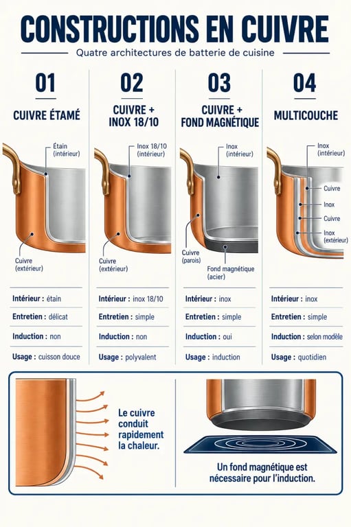 Infographie comparative d’une batterie de cuisine en cuivre selon sa construction, son entretien et sa compatibilité induction