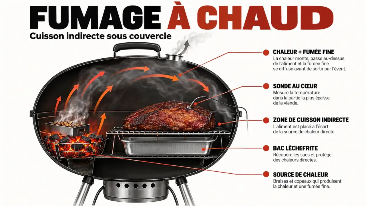 Schéma du fonctionnement d'un barbecue en fumage à chaud avec cuisson indirecte